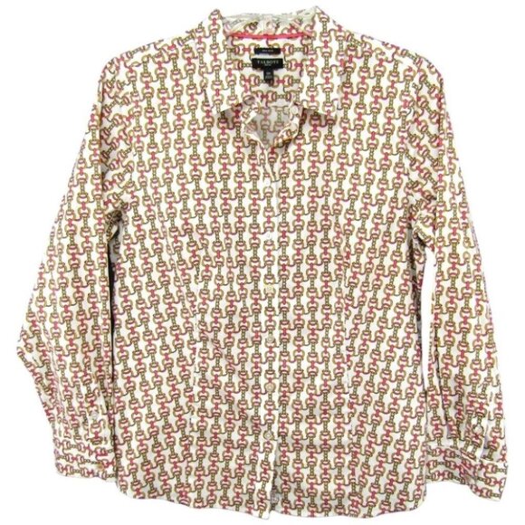 Talbots Petite Non Iron Gold Pink Horsebit Button Front Blouse Size 12 P - Picture 1 of 8